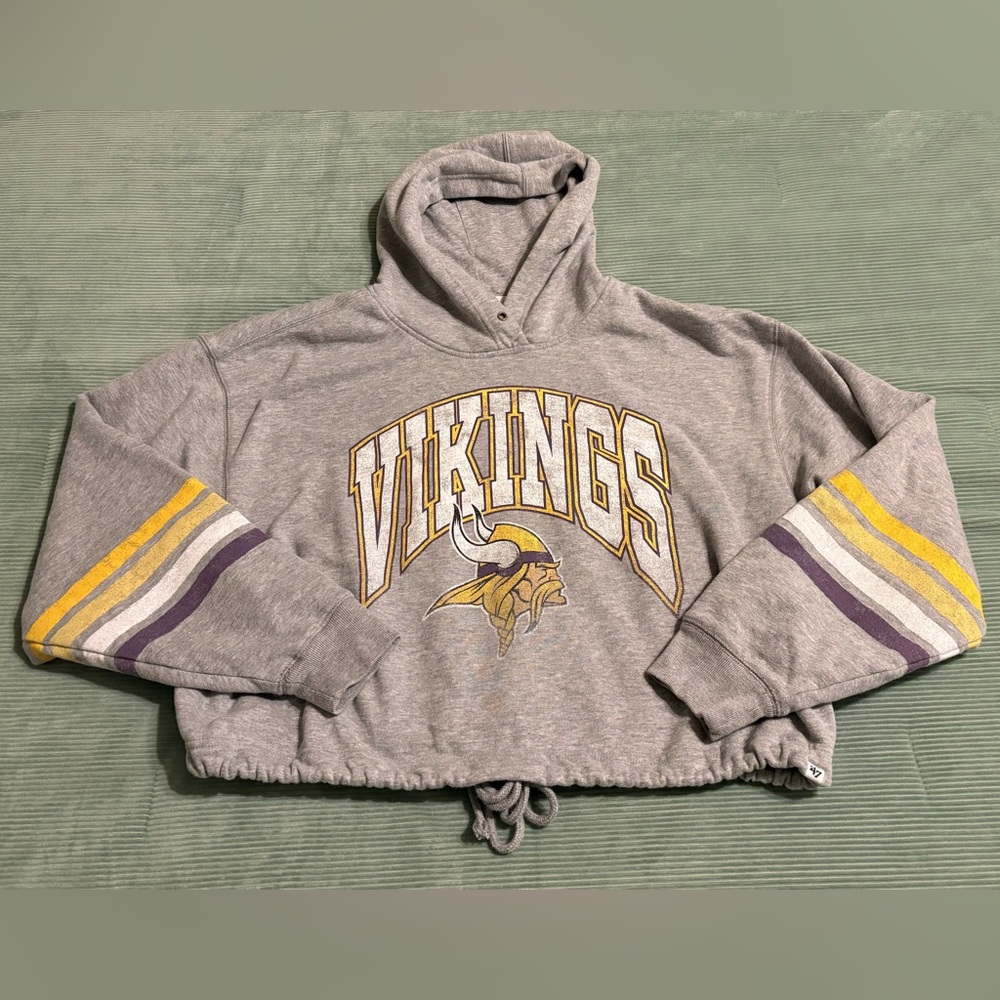 Cute Women’s Minnesota Vikings 47 Brand cropped hoodie.